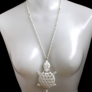 Vintage White Turtle Necklace Articulated head and Tail Large pendant